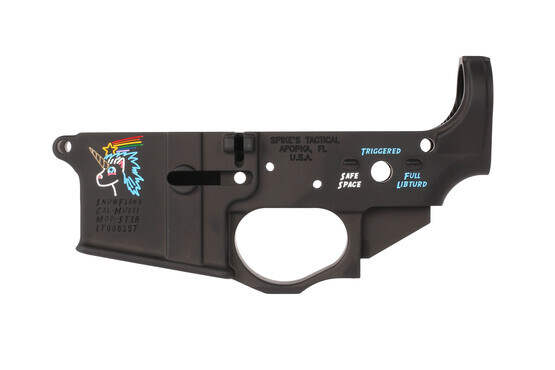 Spike's Tactical stripped AR-15 lower with color filled Snowflake the Tactical Unicorn rollmark